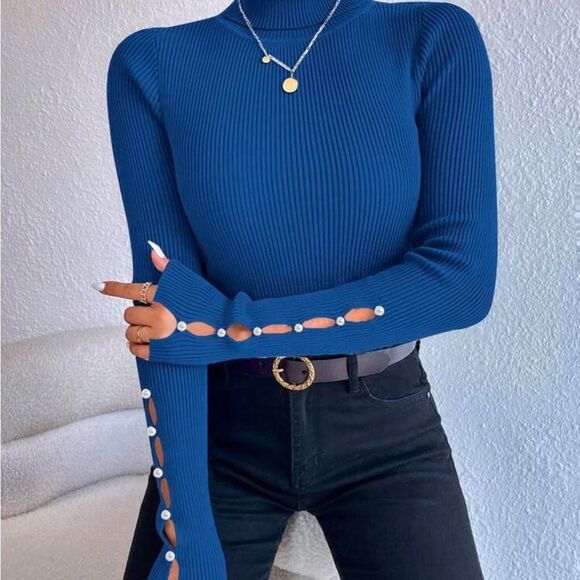 NWOT XXL 14 *Classic-Chic* Ribbed Turtleneck Sweater Pearl Slit Sleeves - Picture 3 of 3